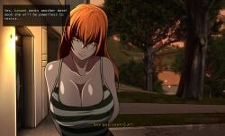 3d 3d_background auburn_eyes auburn_hair big_breasts carl_johnson city crossover cursed dead_or_alive dead_or_alive_5 female female_only grand_theft_auto grand_theft_auto:_san_andreas huge_breasts humor interracial kasumi_(doa) koei_tecmo large_breasts oldhorrorz rockstar_games shirt text video_games