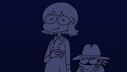 1boy1girl 2020s 2023 blue_background burgerkurger couple cowboy_hat frog_girl holding_cup hungry looking_at_another mouth_covered night ribbon short_hair simple_coloring tagme walk_with_frog_wife