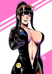 2021 arm_at_side bangs black_bodysuit black_hair blunt_bangs bodysuit breasts eyewear_on_head fangs feet_out_of_frame female goggles goggles_on_head hand_up horns kapitan_gege large_breasts long_hair looking_at_viewer midriff navel open_clothes open_mouth original pointy_ears ponytail red_eyes sidelocks signature simple_background smile solo standing stomach teeth zipper