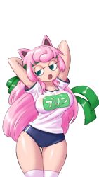 1girls arms_behind_head arms_up big_ass big_breasts blue_eyes breasts buruma clothing cropped eyes_half_open female gijinka gym_uniform hands_behind_head humanized humanized_pokemon jigglypuff jigglypuff_girl long_hair minus8 pink_hair pokemon pokemon_(species) pokemon_rgby solo super_smash_bros. thigh_gap thighs transparent_background