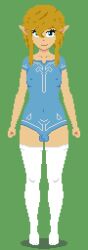 1boy blonde_hair blue_clothing blue_eyes bodysuit breath_of_the_wild bulge champion's_tunic crossdressing dirty_blonde_hair femboy full_body girly green_background leotard link link_(breath_of_the_wild) messy_hair nintendo one-piece_swimsuit pixel_art pm1me1the1d simple_background simple_shading sissy small_penis solo_male stockings the_legend_of_zelda thighhighs thighs trap white_legwear