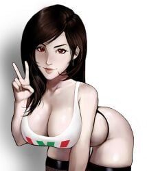 black_hair brown_eyes cleavage final_fantasy final_fantasy_vii huge_breasts italian_flag italian_senate_hack leaning_forward long_hair looking_at_viewer meme mrgunnart peace_sign thighhighs tifa_lockhart voluptuous