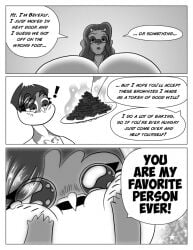 ! 2girls anthro beak beverly_(mr-snacks) bovine breast brownies cleavage comic english_text female female_focus female_only furry happy hips hyper hyper_breasts large_breasts looming looming_over monochrome mr-snacks nipple_bulge original_character otter owl shocked shocked_expression text thick_thighs thighs vivian_(mr-snacks)