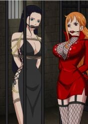 ball_gag bit_gag bondage bossbb41 captured chains cleavage collar did dress female female_only gag gagged kidnapped leash leash_and_collar leash_pull long_dress mouth_gag nami nico_robin night_dress no_bra no_panties one_piece post-timeskip public slave slavegirl tied_up