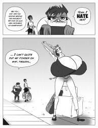 3girls anthro armpits beverly_(mr-snacks) bike bovine breast cleavage comic english_text female female_focus female_only furry hips hyper_breasts large_breasts mailbox monochrome mr-snacks nipple_bulge original_character otter owl roxie_(mr-snacks) text thick_thighs thighs vivian_(mr-snacks)