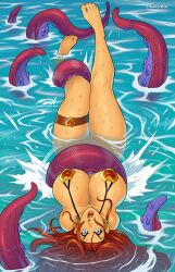 1girls battle_chasers bikini darkereve earrings green_eyes head_band heart_earrings hi_res large_breasts long_hair looking_at_viewer micro_bikini ocean octopus octopus_tentacle partially_submerged red_hair red_monika restrained restrained_by_tentacles solo surprised tentacle tentacles thigh_strap water