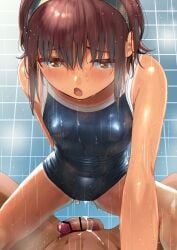 1boy after_sex after_vaginal bar_censor bathroom blush breasts brown_eyes brown_hair censored cum cum_in_pussy cumdrip eyebrows_visible_through_hair female hairband highres looking_at_viewer one-piece_swimsuit one-piece_tan open_mouth original overflow penis pov school_swimsuit shiden_(sashimi_no_wife) short_hair showering small_breasts solo_focus straight swimsuit tan tanlines tile_floor tile_wall tiles wet