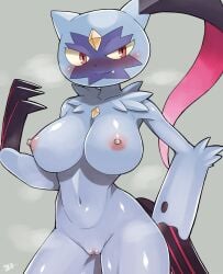 2020s 2022 absurd_res big_breasts blush breasts female fur furry furry_only game_freak genitals hi_res huge_breasts looking_at_viewer navel nintendo nude pokemon pokemon_(species) pokemon_legends:_arceus pokemon_only pussy shaolin_bones sneasler solo video_games