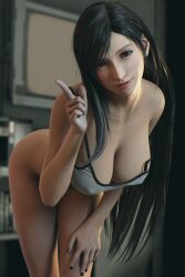 1girls 3d big_breasts black_hair bottomless breasts brown_eyes cleavage erect_nipples erect_nipples_under_clothes final_fantasy final_fantasy_vii final_fantasy_vii_remake huge_breasts human large_breasts leaning_forward long_hair looking_at_viewer nail_polish red_eyes seductive sentinelart shirt solo solo_female tifa_lockhart voluptuous