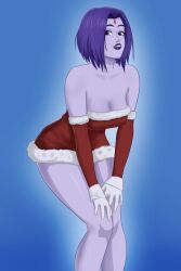 1girls christmas christmas_outfit cleavage dc dc_comics forehead_jewel gloves hands_on_knees knees_together leinadxxx merry_christmas purple_hair rachel_roth raven_(dc) standing straight_hair strapless_dress superheroine teen_titans violet_eyes violet_hair