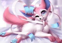 bloominglynx blush colored detailed digital_drawing_(artwork) digital_media_(artwork) eeveelution female feral fur furry furry_only genitals hi_res nintendo pink_body pink_fur pokémon_(species) pokemon pokemon_only pussy ribbons solo sylveon tail tongue tongue_out video_games white_body white_fur