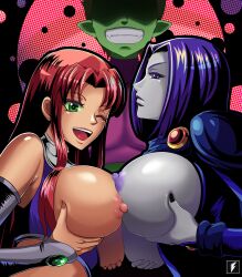 1boy 2girls alien beast_boy big_breasts bisexual bisexual_female dc dc_comics female ffm_threesome garfield_logan high_resolution koriand'r long_hair male medium_hair nipples rachel_roth raven_(dc) smile starfire straight_hair tagme teen_titans teenager teng_zhai_zi threesome