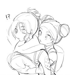 2d 2girls ?! alternate_breast_size apex_legends big_breasts blush blush_lines breast_squeeze breast_squish breasts bursting_breasts huge_breasts jumpsuit lifeline_(apex_legends) monochrome outgrowing_clothes simple_background stretched_clothing thick tight_clothes tight_clothing touching_breast wraith_(apex_legends) yuri