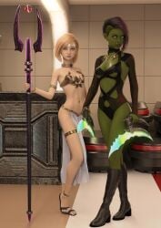 2022 2girls 3d alien anklet athletic_female blonde_hair blue_lipstick boots collar crossover female female_only full_body gold_jewelry green_skin harem_girl harem_outfit holding_weapon humanoid jewelry light_skin loincloth looking_at_viewer mistress_viviana_(satsukihime1031) navel orion_(species) pearl_(satsukihime1031) revealing_clothes sandals satsukihime1031 shaved_side slave slave_collar slave_outfit slavegirl small_breasts staff star_trek toes undercut weapon