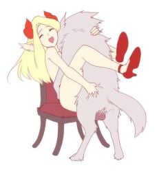 animal_ears blonde_hair chair drooling grabbing_ass gripping_fur heels high_heels horns missionary_position unknown_artist wolf zoophilia