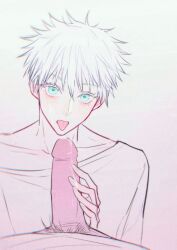 2boys after_fellatio after_oral albino bishonen femboy feminine_male gay jujutsu_kaisen looking_at_viewer male male_only penis satoru_gojo tongue_out twink white_hair yaoi