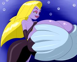 1girls angel_jones breast_suppress breasts breasts_bigger_than_head cleavage female female_only fish fish_girl fish_police hanna-barbera hattushilish huge_breasts hyper_breasts non-mammal_breasts purple_skin scalie seashell silver_eyes underwater yellow_hair