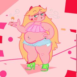 abstract_background bbw belly_button belly_button_piercing big_belly blonde_hair cigarette daisy_dukes earrings eyebrows_visible_through_hair eyelashes fat green_eyes hair_down hair_ornament hand_on_hip heart_earrings heart_marking high_heels horns long_hair midriff muffin_top obese obese_female open_mouth open_toe_shoes overweight overweight_female painted_nails prostitute prostitution ripped_shorts short_shorts smoke smoking standing star_butterfly star_vs_the_forces_of_evil stretch_marks thick_thighs whiteraff