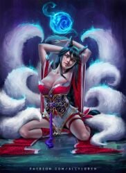 ahri ally_loren amber_eyes black_hair cleavage fox_ears fox_girl fox_tail kneeling large_breasts league_of_legends long_hair