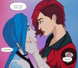 2girls arcane arcane_jinx arcane_vi blue_hair dialogue gradient_background incest jinx_(league_of_legends) league_of_legends leinadxxx red_hair sisters speech_bubble text vi yuri