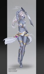 artdrift blue_skin dark_elf elf elf_ears elf_female holding_weapon large_breasts legwear original original_character pointy_ears purple_eyes revealing_clothes shoes sword underwear white_hair