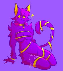 anthro bodily_fluids bondage bondage bound breasts cat_tail cobondage cum cum_on_leg domestic_cat featherfall felid feline feline_ears felis female female_focus fur genital_fluids hi_res mammal purple_body purple_fur solo tail_tied yellow_eyes