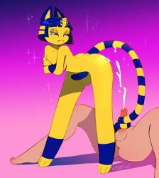 animal_crossing ankha ankha_(animal_crossing) anthro anus ass balls bdsomik bedroom_eyes blue_penis bodily_fluids crossed_arms cum cum_on_butt duo ejaculation erection genital_fluids genitals glistening glistening_body hi_res human long_legs long_tail looking_back male male/male mammal markings narrowed_eyes nintendo penis prehensile_tail rule_63 seductive sex simple_background sparkles spread_legs spreading striped_markings striped_tail stripes submissive submissive_male tail_fetish tail_markings tail_play tail_sex tailjob video_games