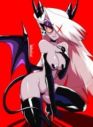 danmakuman demon_girl demon_horns demon_wings goth grey_hair hair_over_one_eye hazbin_hotel heart-shaped_pasties large_breasts long_hair multicolored_hair pasties species_swap straight_hair succubus succubus_vaggie thighhighs vaggie_(hazbin_hotel) vivienne_medrano vivziepop voluptuous white_hair