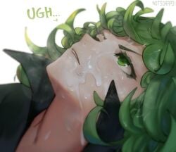 1girls annoyed artist_name bangs cum cum_on_face facial female green_eyes green_hair head highres looking_up medium_hair notsorapoi one-punch_man parted_lips short_hair simple_background stray_pubic_hair tatsumaki white_background