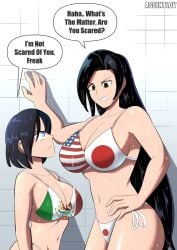 2girls american_flag_bikini aqua_eyes artist_name assentlov aura_(assentlov) big_breasts bikini black_hair breasts cleavage hazel_eyes height_difference huge_breasts impact_bash intimidation japanese_flag_bikini kazuko_(impact_bash) large_breasts light-skinned_female light_skin long_hair mexican_flag_bikini navel original original_characters short_hair shower_room side-tie_bikini size_difference speech_bubble text voluptuous