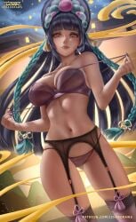 1girls aqua_hair black_hair blue_nails braid brown_eyes cleavage garter_belt genshin_impact hourglass_figure indigo_nails izhardraws large_breasts lingerie long_hair looking_at_viewer looking_down nail_polish stockings twin_braids twintails yun_jin_(genshin_impact)