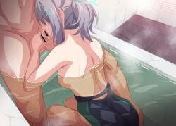 1boy abydos_high_school_student ass back bar_censor bathroom bathtub blue_archive breasts censored clothed_female_nude_male erection fellatio female foreclosure_task_force_(blue_archive) from_behind grey_hair hair_ornament hairclip head_out_of_frame indoors marugoshi_(54burger) medium_breasts mixed_bathing nipples nude oral partially_submerged penis shiroko_(blue_archive) shiroko_(swimsuit)_(blue_archive) sitting solo_focus steam straight water wet