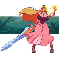 1girls 2021 alternate_breast_size amazon blonde_hair breasts breasts_bigger_than_head cleavage color disney dress female female_only huge_breasts long_hair looking_at_viewer magic n647 png princess_dress princess_eilonwy solo standing sword the_black_cauldron thin_waist transparent_background voluptuous wide_hips