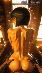 1boy 1girls ai_generated anus ass ass_grab back backboob black_hair blush bread breasts completely_nude dark-skinned_male dark_skin facing_away food from_behind groping hair_ornament hairclip heart indoors interracial kirigaya_suguha large_breasts male_pubic_hair meitabuu nude penis pov pubic_hair pussy sex sex_from_behind shiny_skin shop short_hair solo_focus standing standing_sex straight sweat sword_art_online vaginal_penetration window