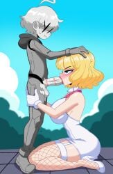 1boy 1girl1boy anon blonde_hair blowjob blue_eyes blue_sky blunt_bangs breasts dress fellatio female fishnets gloves grabbing_another's_hair male one_piece outdoors post-timeskip self_upload sitting size_difference sky stussy_(one_piece) sucking_penis unepicroachy wariza y/n