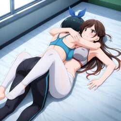 ai_generated bed bedroom catfight grabbing huge_ass kanojo_okarishimasu leg_lock leglock mizuhara_chizuru sarashina_ruka sports_bra sports_pants sportswear wrestling