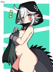 2d arknights blush blush female female female_only half_naked hendra hiding_breasts hood looking_at_viewer tail tomimi_(arknights) white_hair