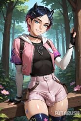 1futa ai_generated artist_name bag black_choker black_gloves black_hair black_shirt black_thighhighs blue_eyes bulge bulge_through_clothing choker clove_(valorant) collarbone cowboy_shot cum cum_on_body cum_on_clothes day erection fingerless_gloves flower forest futanari futarush gloves gradient_hair hair_ornament hairclip hand_up heart hood hood_down horns jacket long_sleeves looking_at_viewer multicolored_hair nature open_clothes open_jacket outdoors patreon patreon_username penis pink_flower pink_hair pink_jacket riot_games shirt short_hair short_shorts short_sleeves shorts smile solo sultryspark tattoo thighhighs thighs tree two-tone_hair valorant