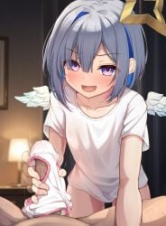 1boy afterimage amane_kanata blue_hair blush collarbone commentary_request feathered_wings female flat_chest grey_hair halo handjob highres hololive looking_at_viewer multicolored_hair non_non_moral open_mouth paid_reward_available panties panties_on_penis penis pink_hair pov pov_crotch purple_eyes shirt short_hair single_hair_intake solo_focus star_halo straight streaked_hair t-shirt textless_version underwear variant_set virtual_youtuber white_panties white_shirt white_wings wings