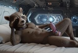 ai_generated anthro body_fluids body_fur canine_penis furry guardians_of_the_galaxy knot male male_only nipples penis raccoon rocket_raccoon solo solo_male wet_penis yaoi
