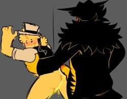 blush blush closed_eyes closed_eyes dream_game fedora forsaken_(roblox) hat headwear johndgoonmaster mafioso_(dream_game) mafioso_(forsaken) no_pants peeing peeing peeing_on_ass pissing_on_ass roblox urine urine yellow_body yellow_skin