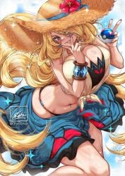 1girls blonde_hair breasts chie00chan cleavage cynthia_(pokemon) female female_focus female_only hat large_breasts light-skinned_female light_skin looking_at_viewer nintendo pokemon solo swimsuit thighs wide_hips