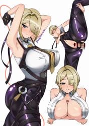 1boy absurdres armpits arms_under_breasts arms_up artist_name ass bar_censor black_pants black_ribbon blonde_hair breast_strap breasts censored chest_strap closed_mouth collared_shirt covered_nipples crossed_legs embarrassed evelyn_chevalier eyebrows_hidden_by_hair eyes_visible_through_hair female hair_ribbon high-waist_pants highres large_breasts latex latex_pants leg_up long_hair long_ribbon looking_at_viewer mole mole_under_eye multiple_views nasubi_atmark navel necktie open_clothes open_shirt paizuri pants penis purple_eyes pussy ribbon shirt signature sleeveless sleeveless_shirt smile solo standing strap thighs tight_clothes tight_pants tongue tongue_out vaginal_penetration white_background white_shirt yellow_necktie zenless_zone_zero