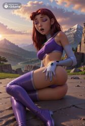 1girls ai_generated artist_name ass bare_shoulders boomerang_(tv_network) boots breasts cartoon_network closed_eyes cloud dc dc_comics elbow_gloves eyeshadow gem gloves green_eyes hand_on_own_ass hi_res koriand'r long_hair makeup medium_breasts mountain open_mouth orange_skin outdoors panties patreon_username purple_bra purple_footwear purple_panties r34arts red_hair sky solo starfire sunset superhero superheroine teen_titans teeth thigh_boots thighhighs underwear warner_brothers white_gloves