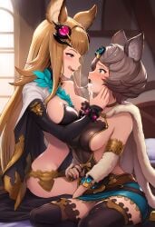 ai_generated cum_swap granblue_fantasy licking_lips metera_(granblue_fantasy) nai_diffusion sisters sutera_(granblue_fantasy)