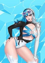 1girls artist_name big_breasts blue_hair blue_lipstick busty cleavage curvy heterochromia ice leaning_forward light-skinned_female light_skin luna_snow luna_snow_(marvel_rivals) marvel marvel_rivals small_waist sunglasses_on_head swimsuit thick_thighs thotlerrr treartz white_hair