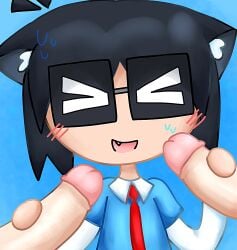 3boys alternate_version_available big_penis black_hair blush cat_boy cat_ears clothed clothed_male_nude_male ears_down eas-kun_(character) embarrassed emergency_alert_system-kun glasses holding_penis imminent_blowjob imminent_oral imminent_sex light-skinned_male miseraquila-kun miseraquila_(copyright) miserasora nec-12 neko no_watermark open_mouth tie