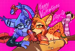 2025 african_wild_dog ambiguous_anthro ambiguous_gender animal_genitalia animal_penis anthro areola berry_(theblueberrycarrots) biped blush bracelet brown_body brown_fur candy canid canine canine_genitalia canine_penis carrot_(theblueberrycarrots) chocolate dessert digital_drawing_(artwork) digital_media_(artwork) english_text erection eyewear felid feline female female_anthro food fur genitals glasses group hi_res jewelry knot lynx magenta_background male male_anthro mammal markings milo_(juantriforce) mostly_nude_female nipples nude_male orange_body orange_fur penis penis_in_mouth pupils red_penis sex slit_pupils spiral_pupils spots spotted_body spotted_fur text theblueberrycarrots trio