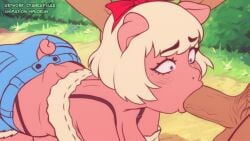 animated anthro balls big_breasts biped blonde_hair blush bottomwear breasts clothed clothing cyancapsule detailed_background domestic_pig duo emelie_(cyancapsule) eyebrows eyelashes fellatio female genitals hair hmiokun male male/female mammal oral outside penile penis pink_body sex short_playtime suid suine sus_(pig) thick_thighs topwear