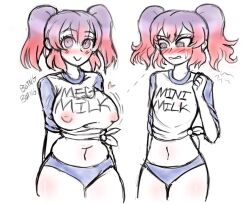 2girls blush breast_envy breasts danganronpa danganronpa_another fanganronpa female female_only heart large_breasts looking_at_breasts looking_at_viewer mega_milk meme mini_milk motion_lines multicolored_hair multiple_girls navel nipples_visible_through_clothing onomatopoeia otonokoji_hibiki otonokoji_kanade panties pink_eyes purple_hair raydeluxxxe red_hair sdra2 sisters small_breasts smile smooth_skin stomach super_danganronpa_another_2 sweat sweatdrop text thick_thighs twins twintails white_background